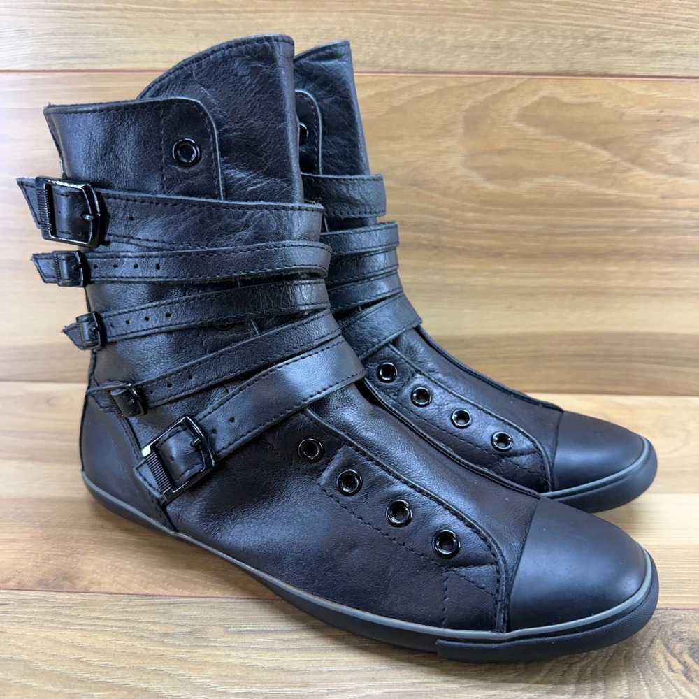 Converse Sidney X-Hi High Top Sneaker Womens 8.5 Black Leather Buckles Punk Goth - Picture 2 of 12